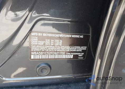 2015 BMW 535I из США, поврежденный, VIN WBA5B1C52FD921700